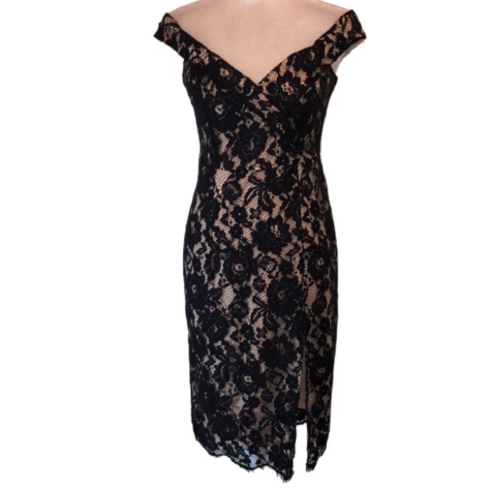Lulus Table for Two floral black lace off the shoulder midi dress